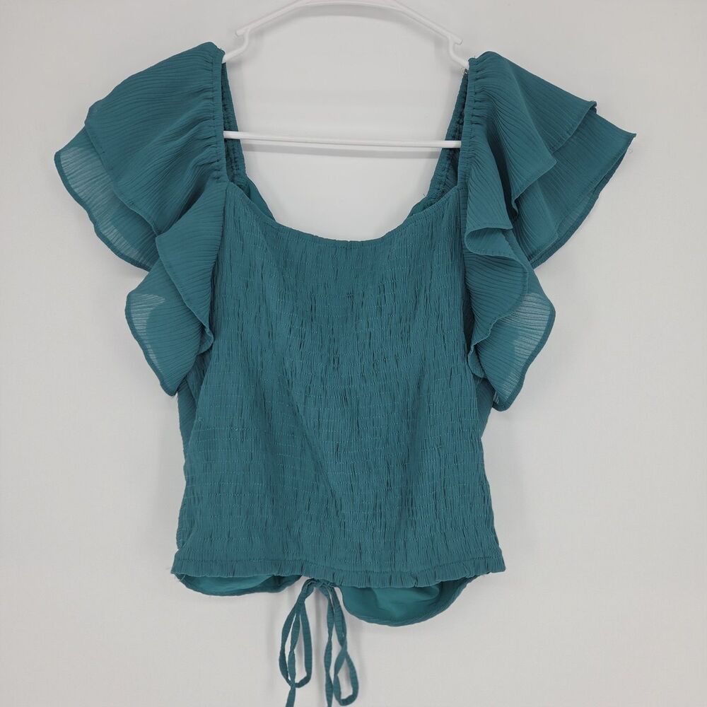 Willow & Root Womens Teal Smocked Ruched Tie Front Ruffle Chiffon Blouse Medium - Picture 4 of 8